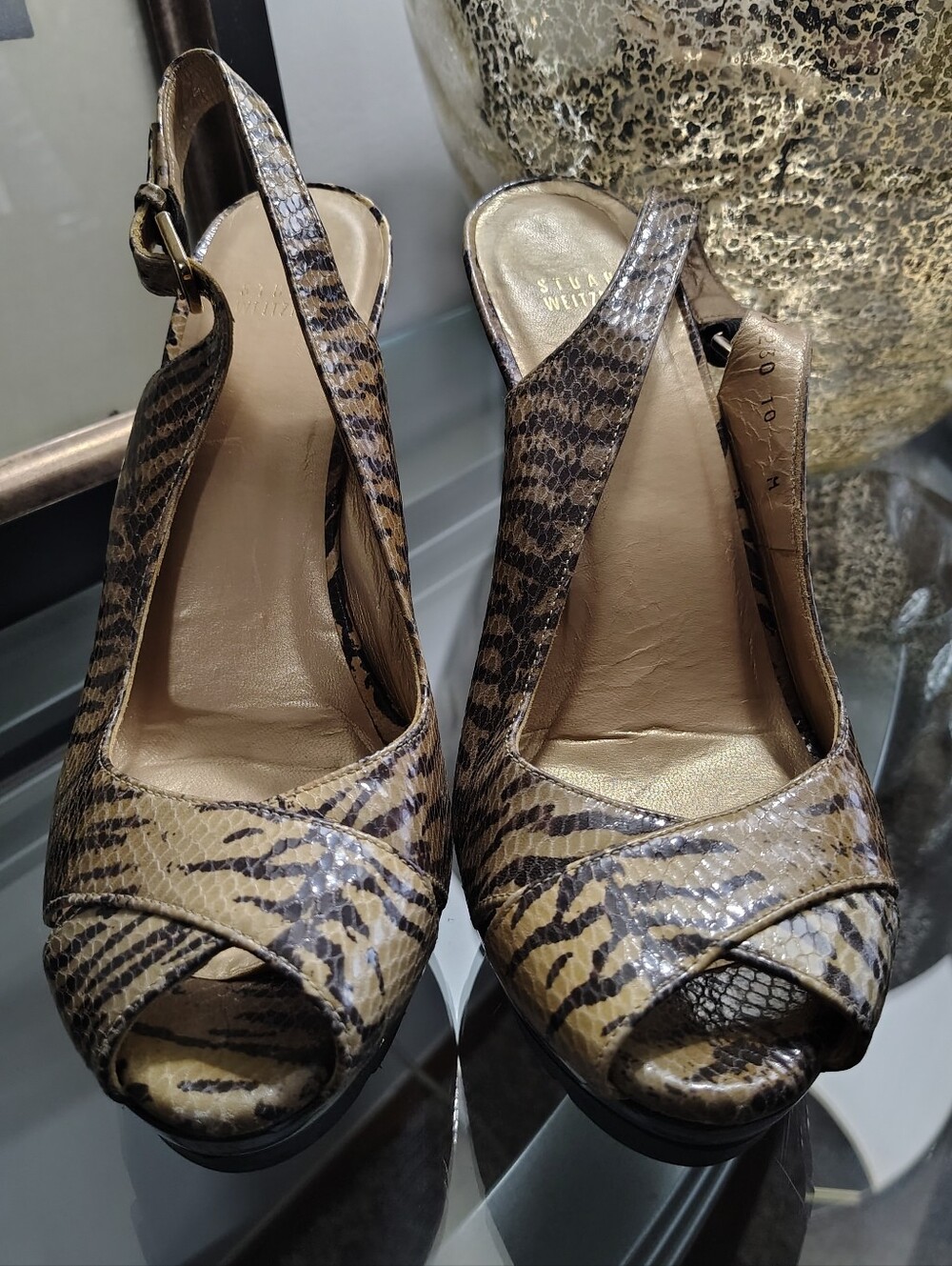 Snake-Print Slingback Peep-Toe Heels - Brown